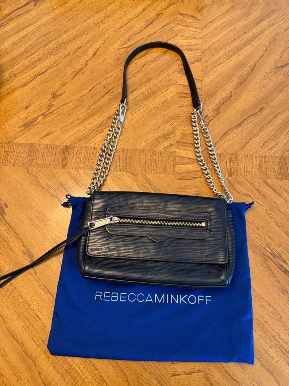 Rebecca Minkoff Black Leather Crossbody with Silver Chain Strap